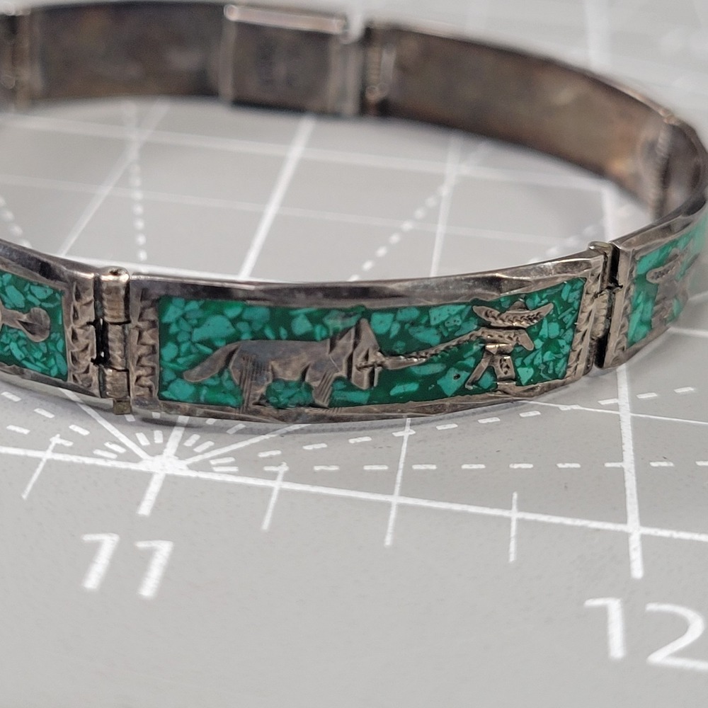 Vintage Mexican 925 Sterling Silver Bracelet Turquoise Mosaic Link 15 Grams - Picture 2 of 11